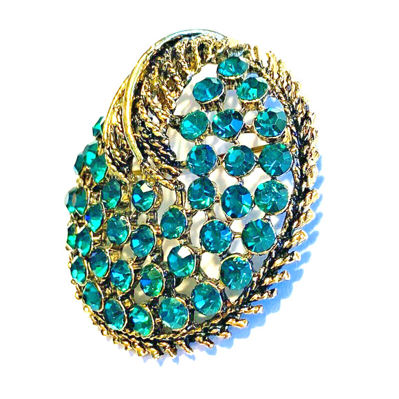 Vintage Brooch Goldtone & Green Rhinestones Mid Century Round Signed Weiss? - Picture 3 of 7